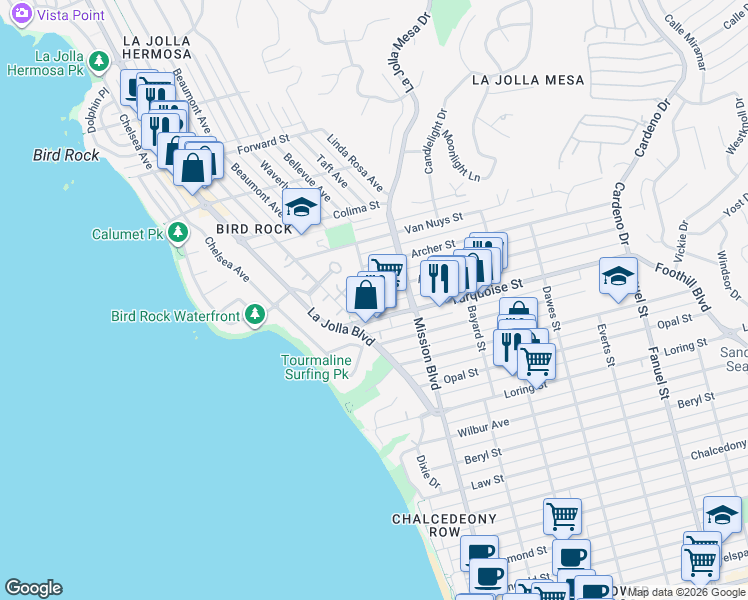 map of restaurants, bars, coffee shops, grocery stores, and more near 703 Agate Street in San Diego