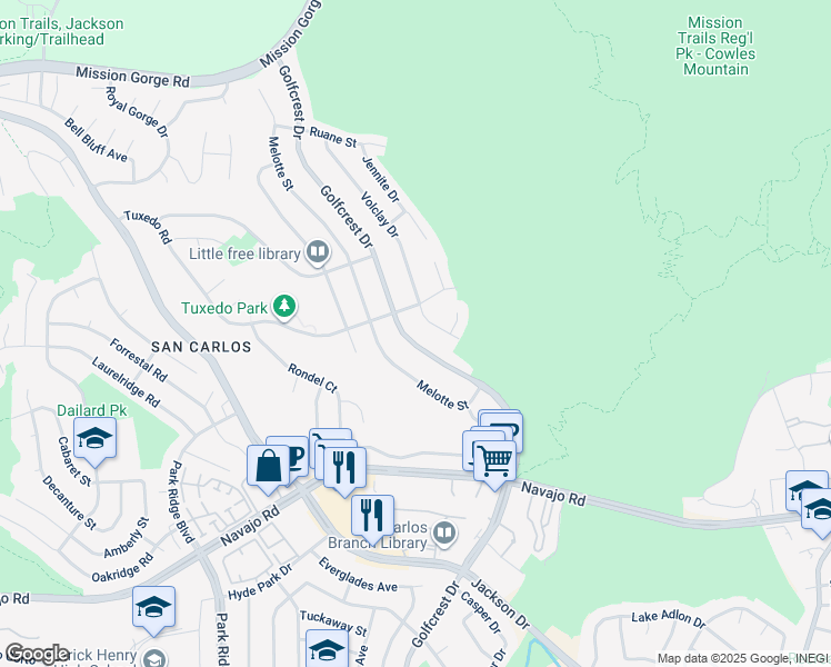 map of restaurants, bars, coffee shops, grocery stores, and more near 7375 Golfcrest Drive in San Diego