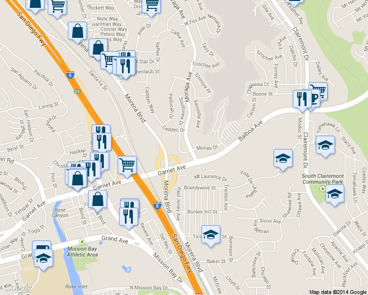 map of restaurants, bars, coffee shops, grocery stores, and more near 3767 Southview Drive in San Diego