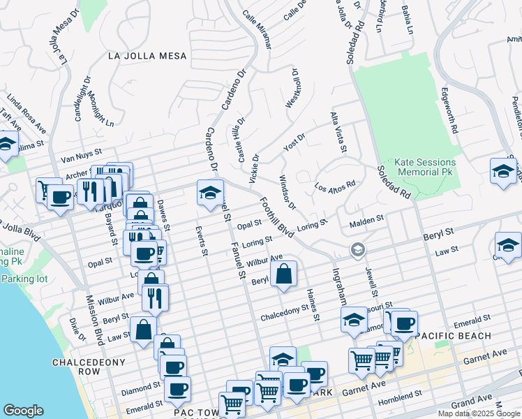 map of restaurants, bars, coffee shops, grocery stores, and more near 5114 Foothill Boulevard in San Diego