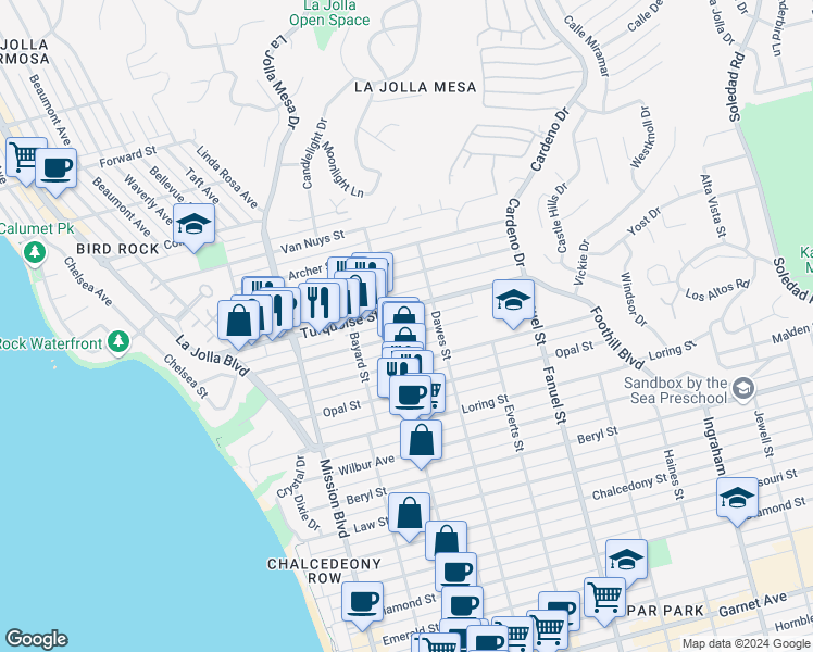 map of restaurants, bars, coffee shops, grocery stores, and more near 1025 Turquoise Street in San Diego