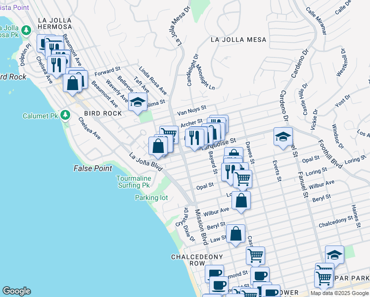 map of restaurants, bars, coffee shops, grocery stores, and more near 5245 La Jolla Mesa Drive in San Diego