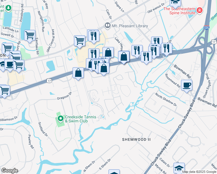 map of restaurants, bars, coffee shops, grocery stores, and more near 1047 Anna Knapp Boulevard in Mount Pleasant
