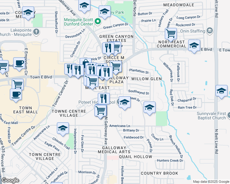 map of restaurants, bars, coffee shops, grocery stores, and more near 3248 North Galloway Avenue in Mesquite