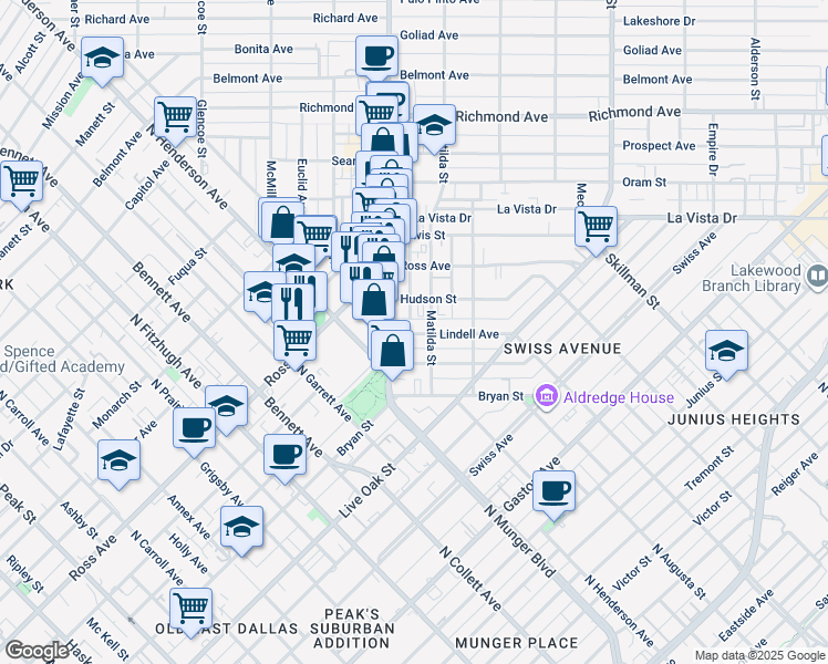 map of restaurants, bars, coffee shops, grocery stores, and more near 5512 Hudson Street in Dallas