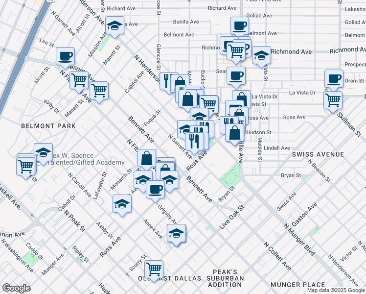 map of restaurants, bars, coffee shops, grocery stores, and more near 1820 North Garrett Avenue in Dallas
