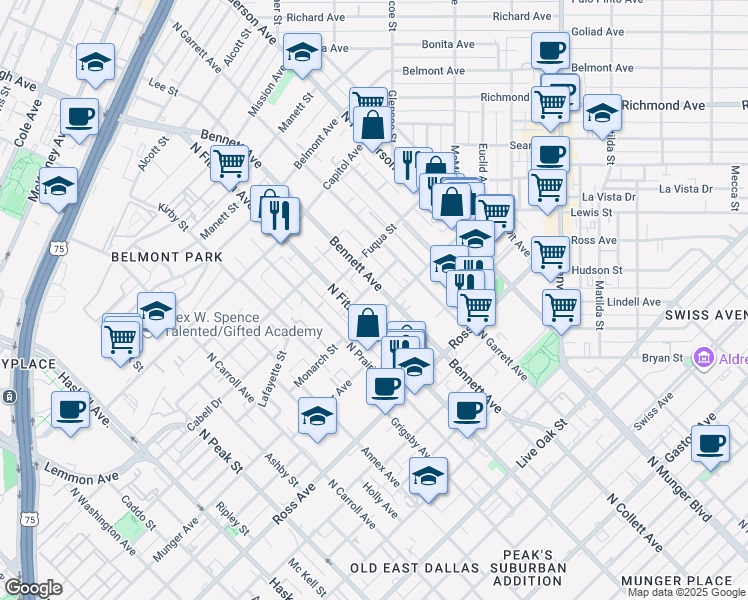 map of restaurants, bars, coffee shops, grocery stores, and more near 101 Chambers Street in Dallas