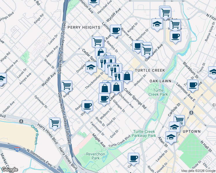 map of restaurants, bars, coffee shops, grocery stores, and more near 2910 Reagan Street in Dallas