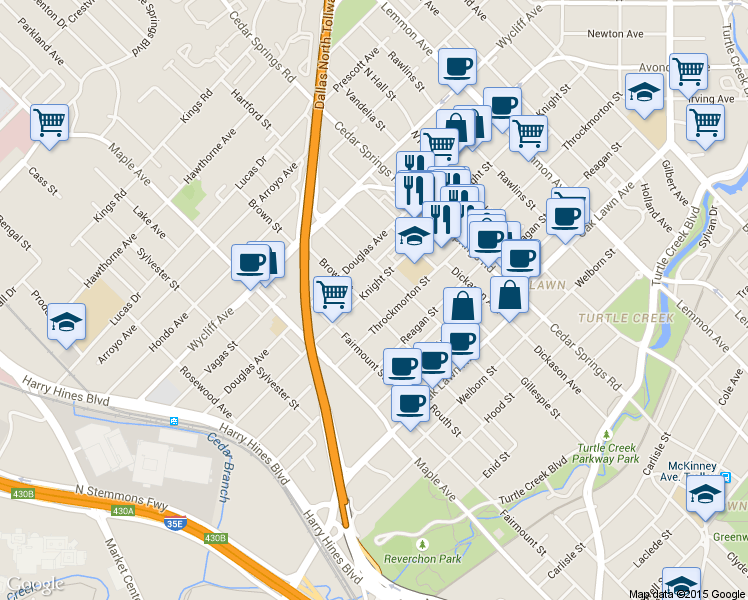 map of restaurants, bars, coffee shops, grocery stores, and more near 2722 Knight Street in Dallas