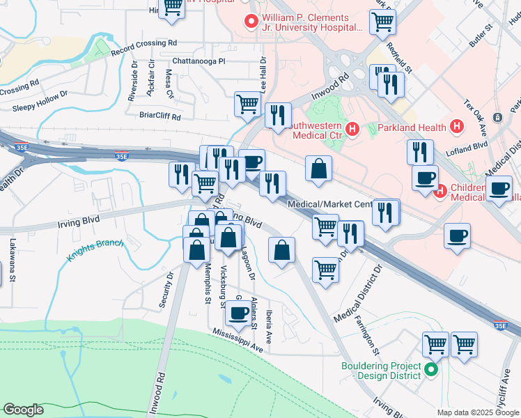 map of restaurants, bars, coffee shops, grocery stores, and more near 2747 North Stemmons Freeway in Dallas