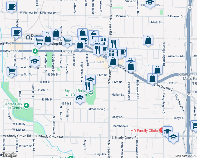 map of restaurants, bars, coffee shops, grocery stores, and more near 906 East 5th Street in Irving