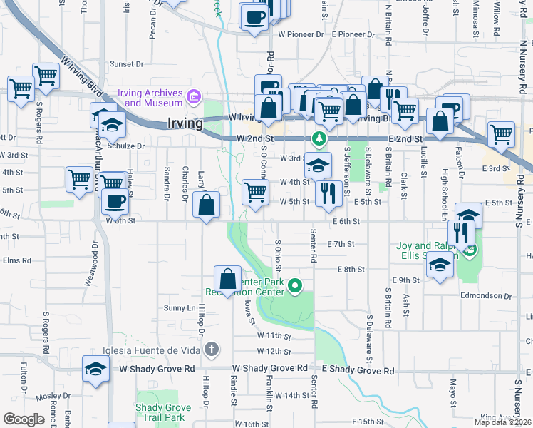 map of restaurants, bars, coffee shops, grocery stores, and more near 512 South O Connor Road in Irving
