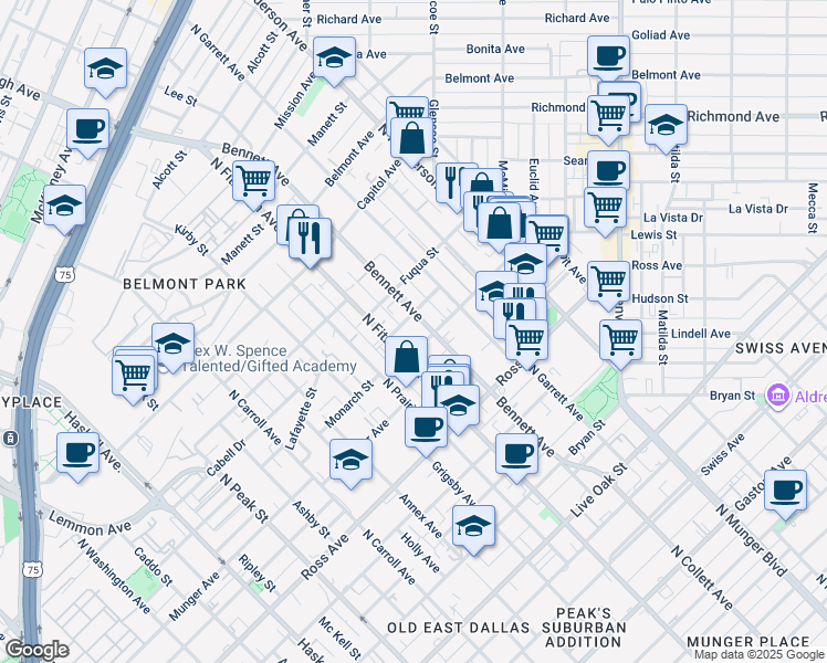 map of restaurants, bars, coffee shops, grocery stores, and more near 101 Chambers Street in Dallas