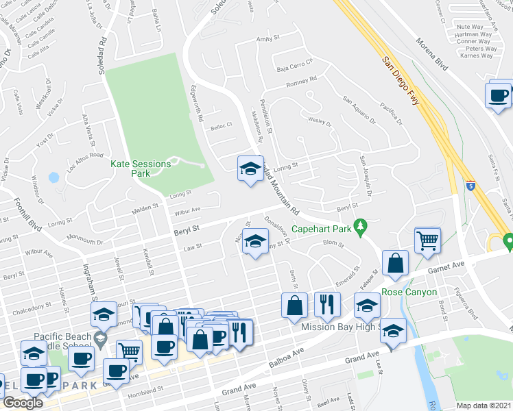 map of restaurants, bars, coffee shops, grocery stores, and more near 2150 Beryl Street in San Diego