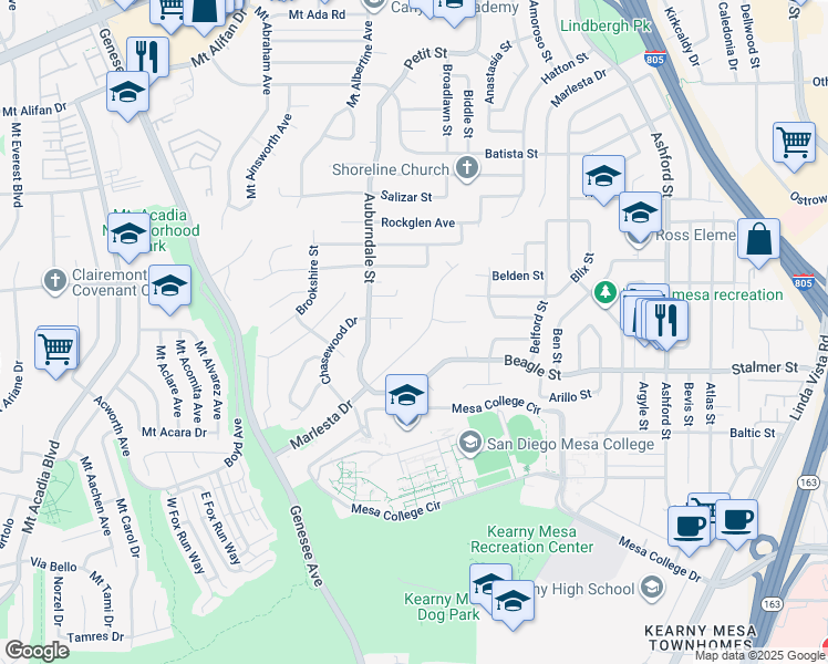 map of restaurants, bars, coffee shops, grocery stores, and more near 3558 Marlesta Drive in San Diego