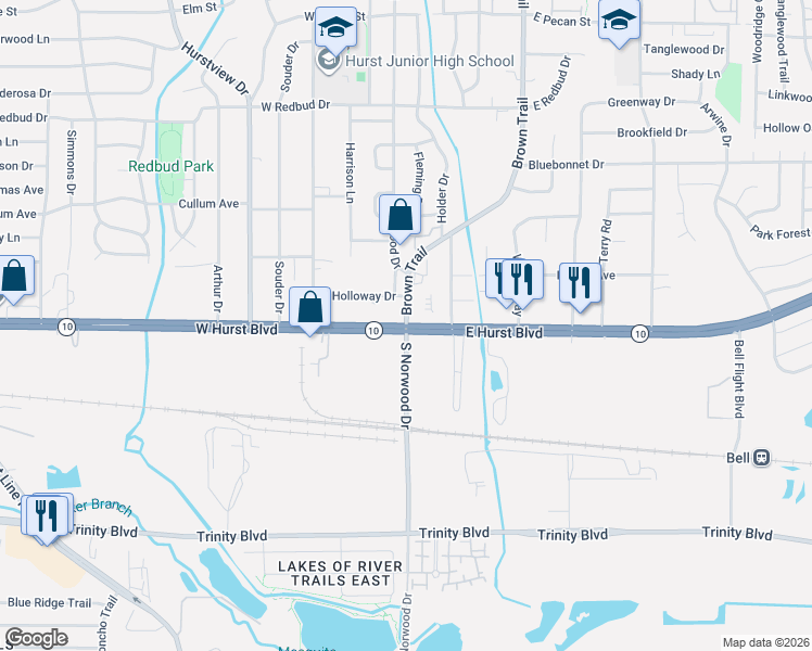 map of restaurants, bars, coffee shops, grocery stores, and more near 0 Highway 10 in Hurst