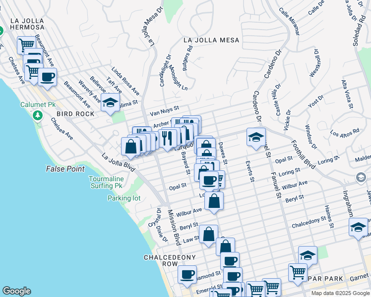 map of restaurants, bars, coffee shops, grocery stores, and more near 939 Turquoise Street in San Diego