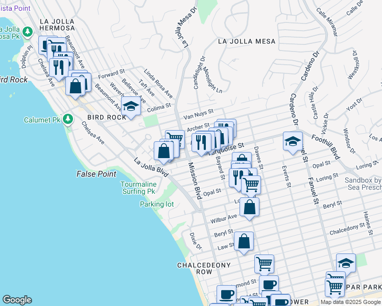 map of restaurants, bars, coffee shops, grocery stores, and more near 810 Turquoise Street in San Diego
