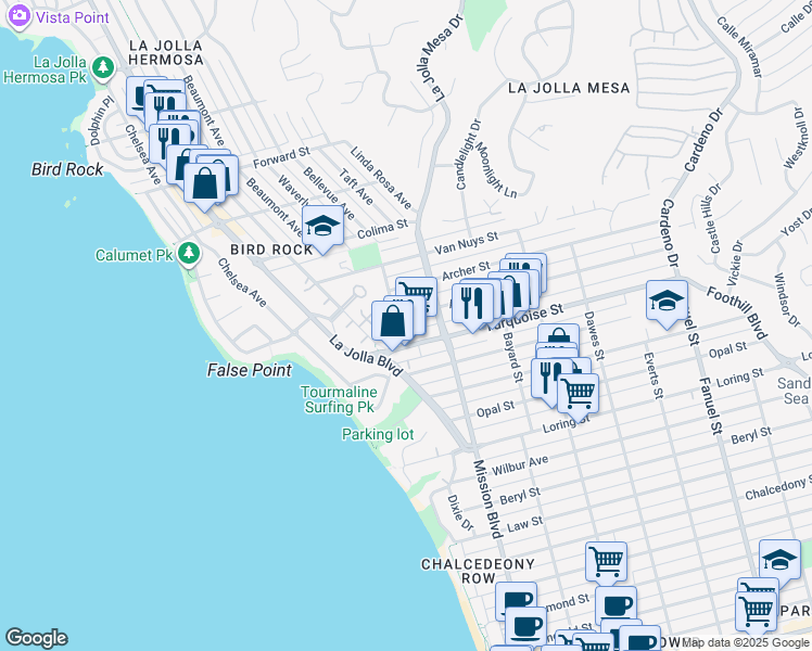 map of restaurants, bars, coffee shops, grocery stores, and more near 709 Agate Street in San Diego