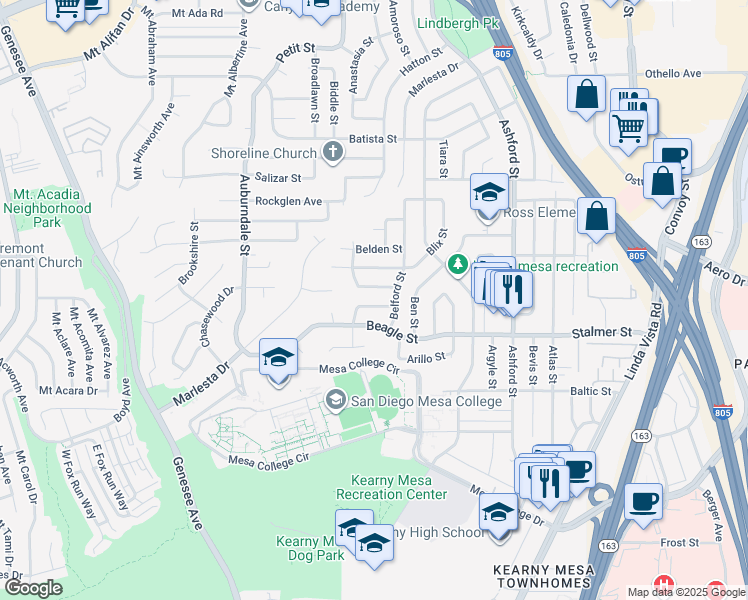 map of restaurants, bars, coffee shops, grocery stores, and more near 7142 Frakes Street in San Diego