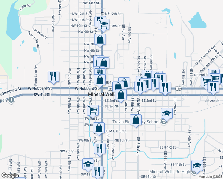 map of restaurants, bars, coffee shops, grocery stores, and more near 200 East Hubbard Street in Mineral Wells
