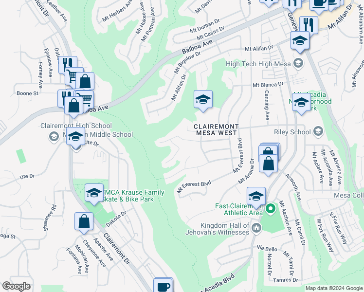 map of restaurants, bars, coffee shops, grocery stores, and more near 3771 Mount Almagosa Place in San Diego