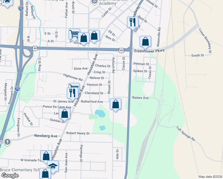 map of restaurants, bars, coffee shops, grocery stores, and more near 2806 Blount Street in Macon