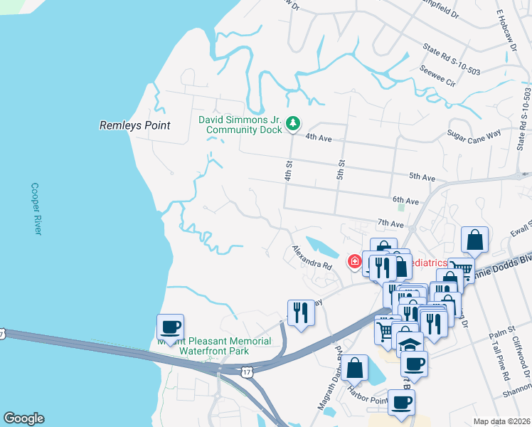 map of restaurants, bars, coffee shops, grocery stores, and more near 805 Prince Ferry Lane in Mount Pleasant