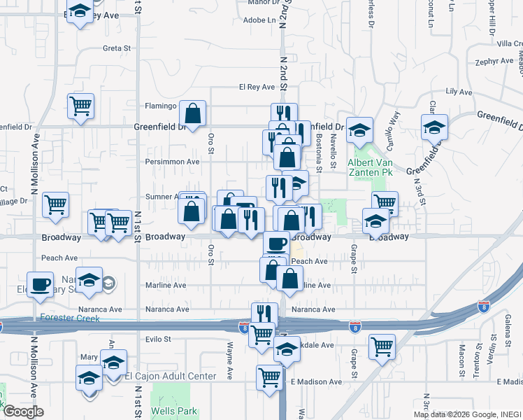 map of restaurants, bars, coffee shops, grocery stores, and more near 1275 Sumner Avenue in El Cajon