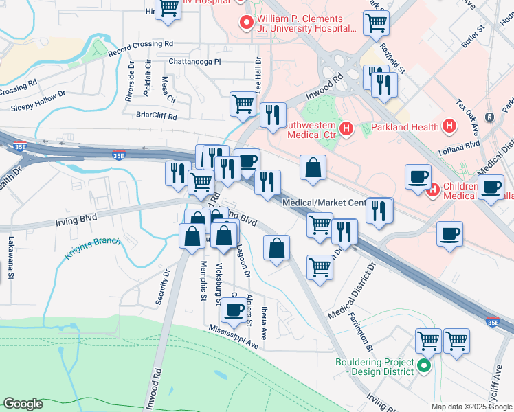map of restaurants, bars, coffee shops, grocery stores, and more near 2747 N Stemmons Fwy in Dallas
