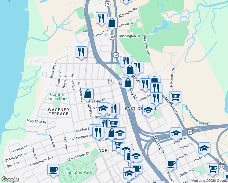 map of restaurants, bars, coffee shops, grocery stores, and more near 1157 King Street in Charleston