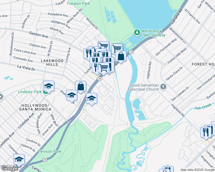map of restaurants, bars, coffee shops, grocery stores, and more near 2510 Cherry Valley Boulevard in Dallas