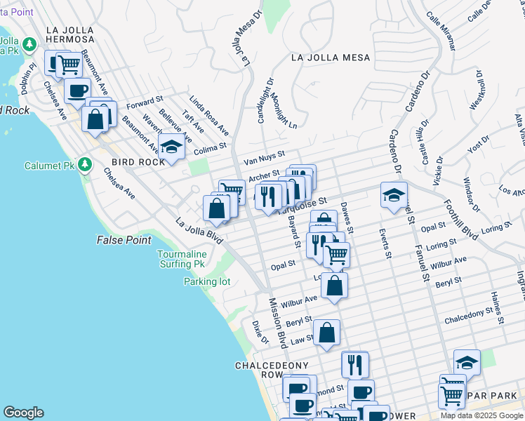 map of restaurants, bars, coffee shops, grocery stores, and more near 860 Turquoise Street in San Diego