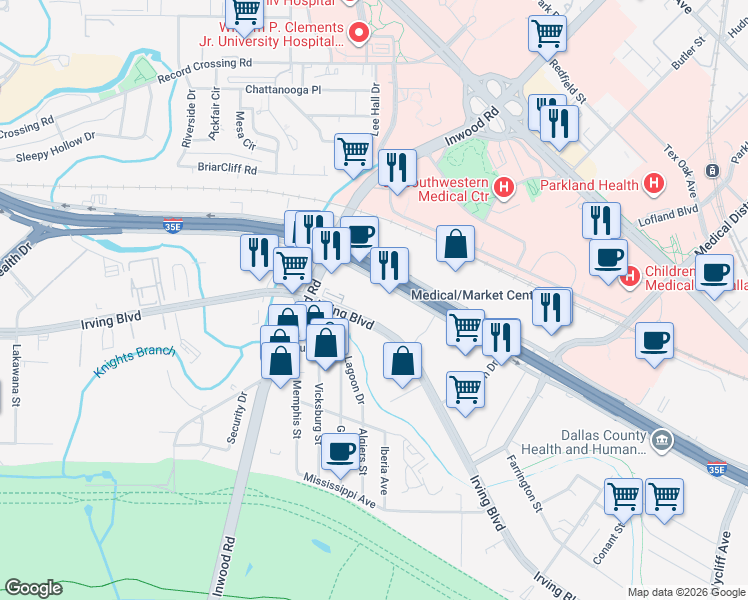 map of restaurants, bars, coffee shops, grocery stores, and more near 2747 North Stemmons Freeway in Dallas