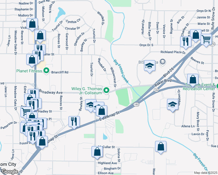 map of restaurants, bars, coffee shops, grocery stores, and more near 6117 Broadway Ave in Haltom City