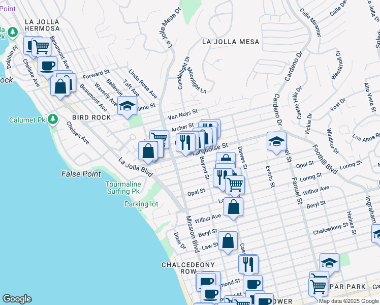 map of restaurants, bars, coffee shops, grocery stores, and more near 873 Agate Street in San Diego