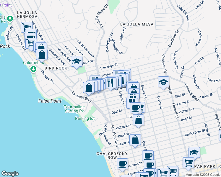 map of restaurants, bars, coffee shops, grocery stores, and more near 860 Turquoise Street in San Diego