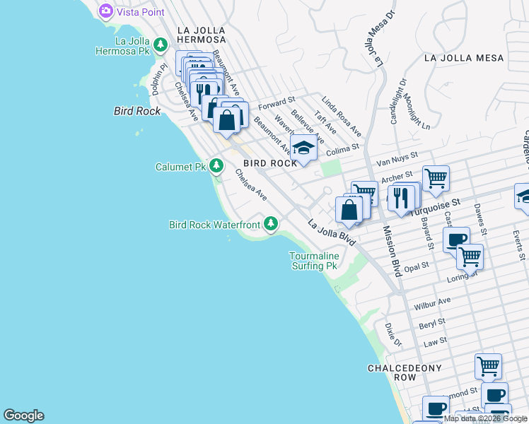 map of restaurants, bars, coffee shops, grocery stores, and more near 5341 Linda Way in San Diego