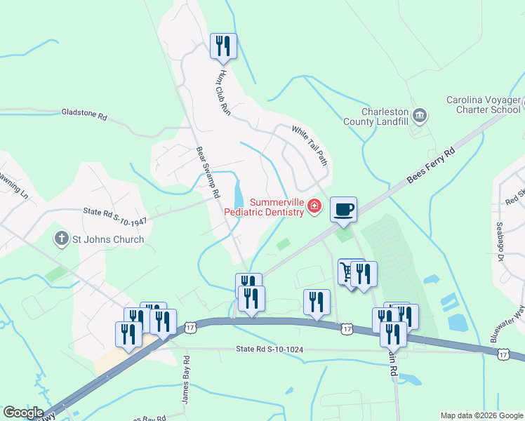 map of restaurants, bars, coffee shops, grocery stores, and more near 1546 Gator Track in Charleston