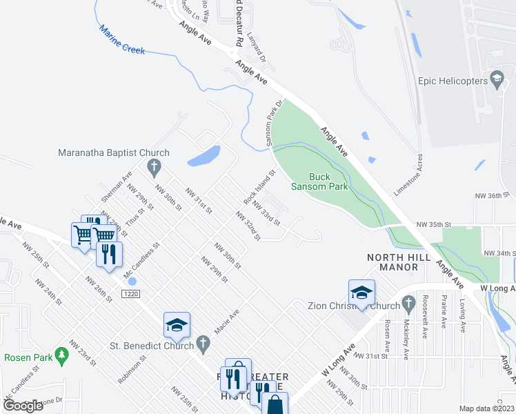 map of restaurants, bars, coffee shops, grocery stores, and more near 3119 Northwest 33rd Street in Fort Worth