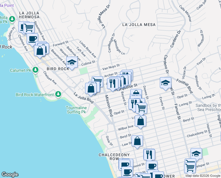 map of restaurants, bars, coffee shops, grocery stores, and more near 840 Turquoise Street in San Diego