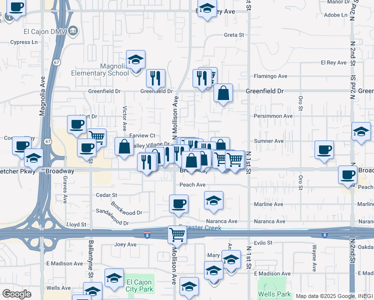 map of restaurants, bars, coffee shops, grocery stores, and more near 1029 North Mollison Avenue in El Cajon