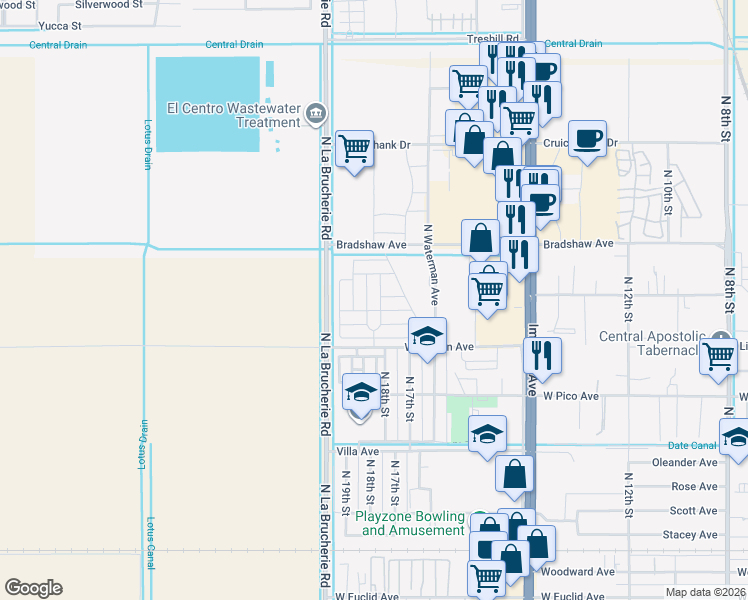 map of restaurants, bars, coffee shops, grocery stores, and more near 301 Estrada Boulevard in El Centro