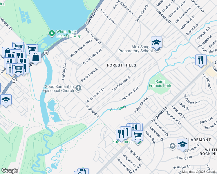 map of restaurants, bars, coffee shops, grocery stores, and more near 8163 San Leandro Drive in Dallas
