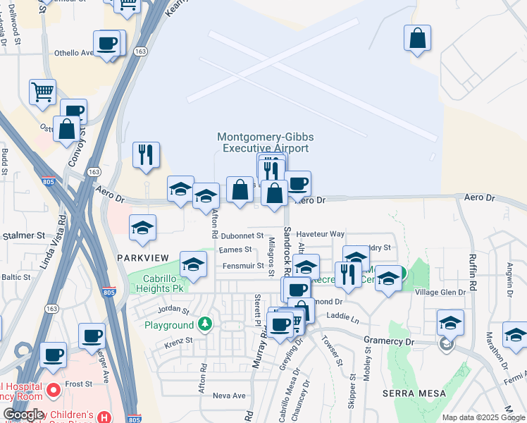 map of restaurants, bars, coffee shops, grocery stores, and more near 8583 Aero Drive in San Diego