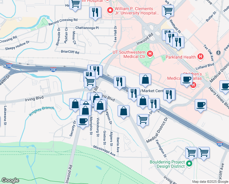 map of restaurants, bars, coffee shops, grocery stores, and more near 2747 North Stemmons Freeway in Dallas