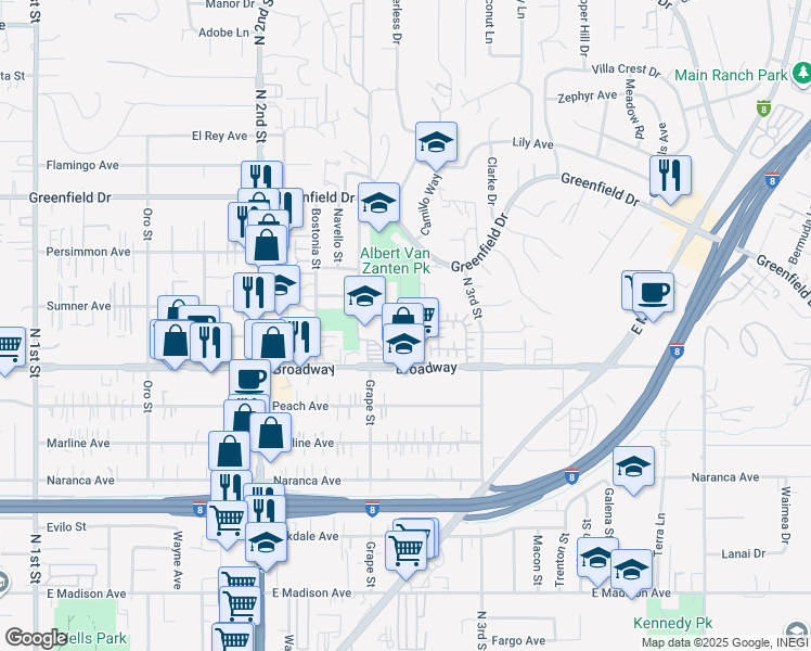 map of restaurants, bars, coffee shops, grocery stores, and more near 1050 Coleen Court in El Cajon