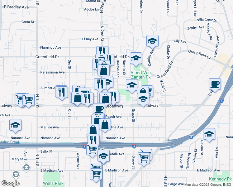 map of restaurants, bars, coffee shops, grocery stores, and more near 1082 Bostonia Street in El Cajon