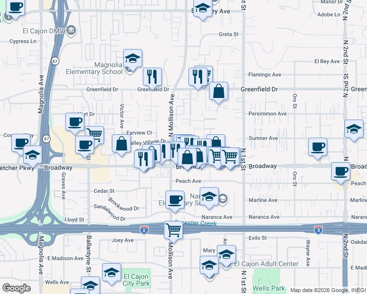 map of restaurants, bars, coffee shops, grocery stores, and more near 1029 North Mollison Avenue in El Cajon