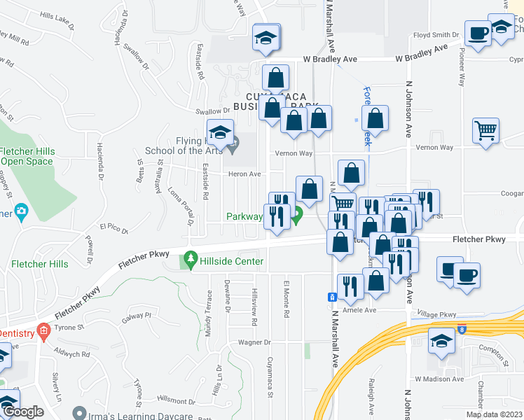 map of restaurants, bars, coffee shops, grocery stores, and more near 1077 Blackbird Street in El Cajon
